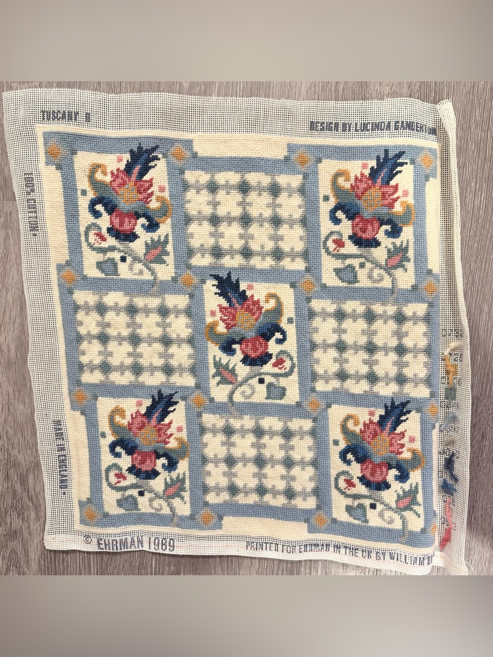 Vintage Ehrman Needlepoint Canvas Panel in Blue, Pink & Cream